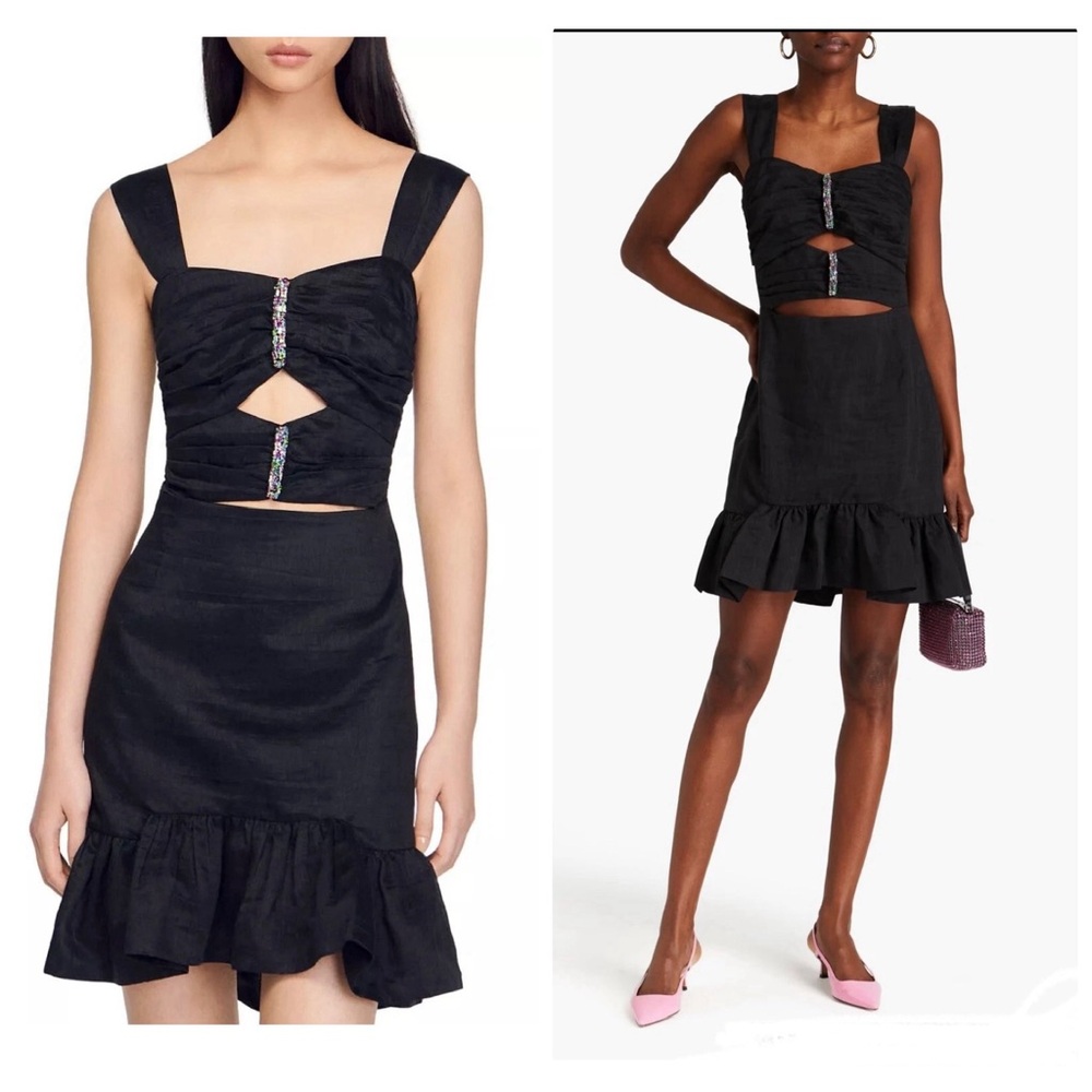 NEW SANDRO Rubis Crystal Embellished Linen Black Cutout Ruffled Dress size 36/4